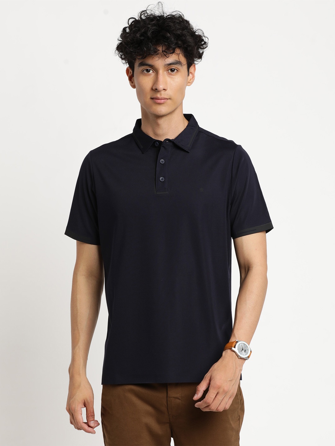 

Turtle Men Navy Blue Cotton Polo Collar Slim Fit T-shirt