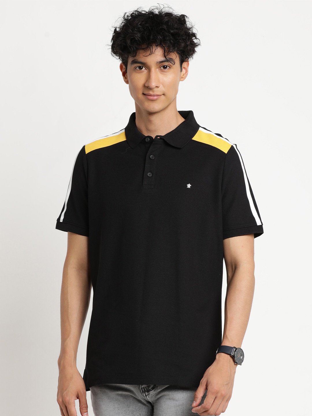 

Turtle Men Black Polo Collar Cotton Slim Fit T-shirt