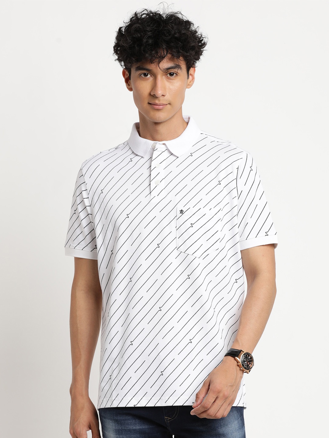 

Turtle Men White Striped Cotton Polo Collar Slim Fit T-shirt