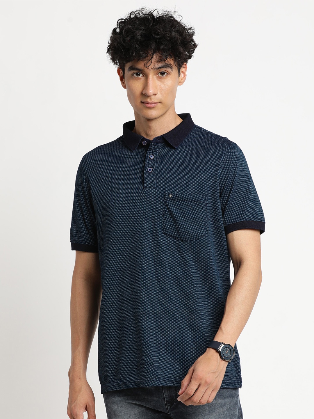 

Turtle Men Navy Blue Cotton Polo Collar Slim Fit T-shirt