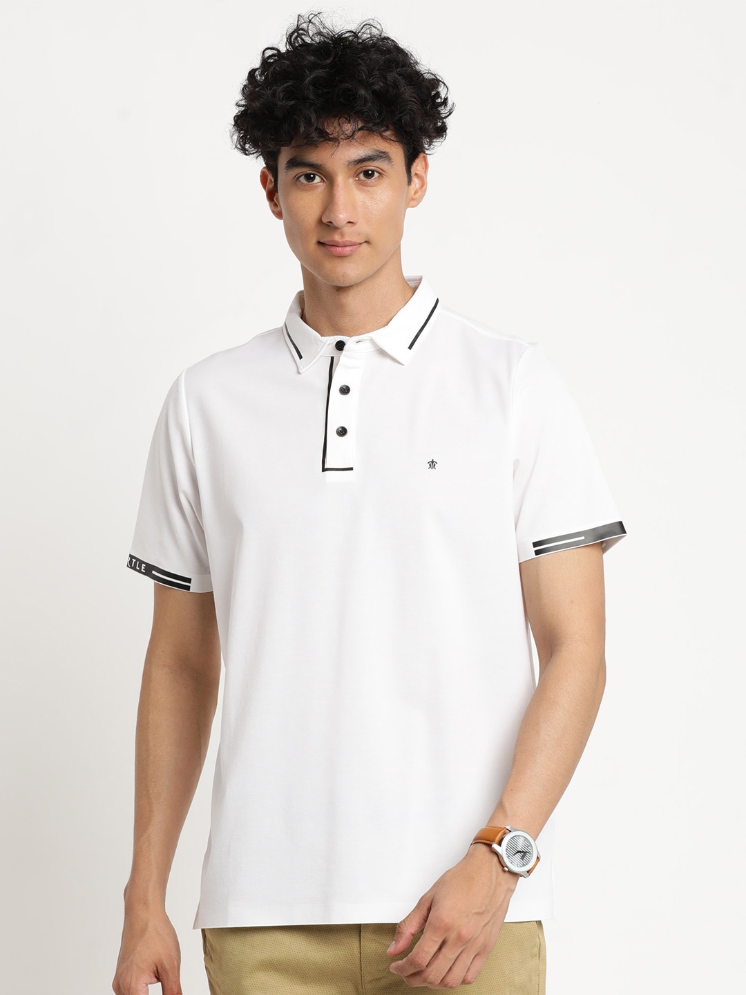 

Turtle Men White Cotton Polo Collar Slim Fit T-shirt