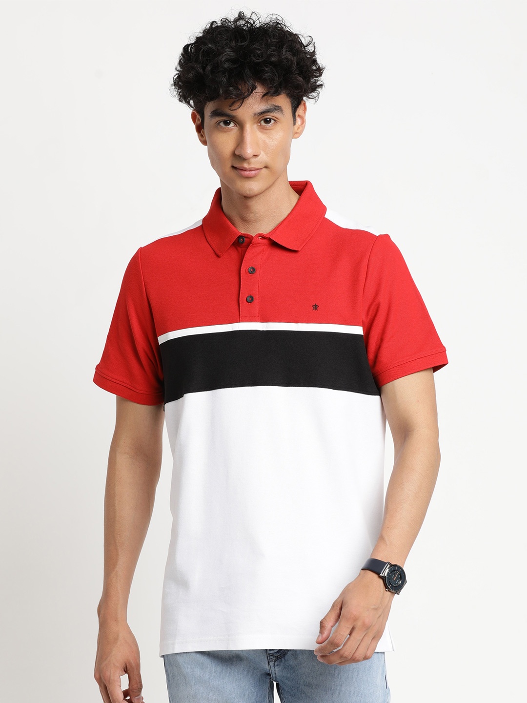 

Turtle AW22 Men Red & Black Colourblocked Cotton Polo Collar Slim Fit T-shirt