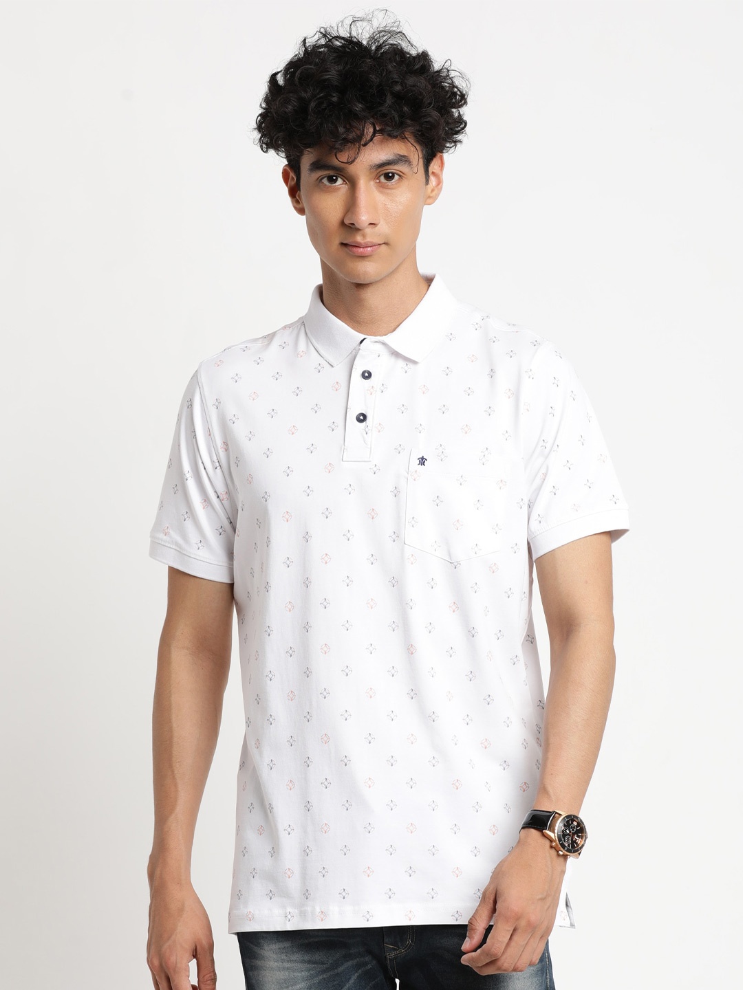 

Turtle Men White Printed Polo Collar Cotton Slim Fit T-shirt
