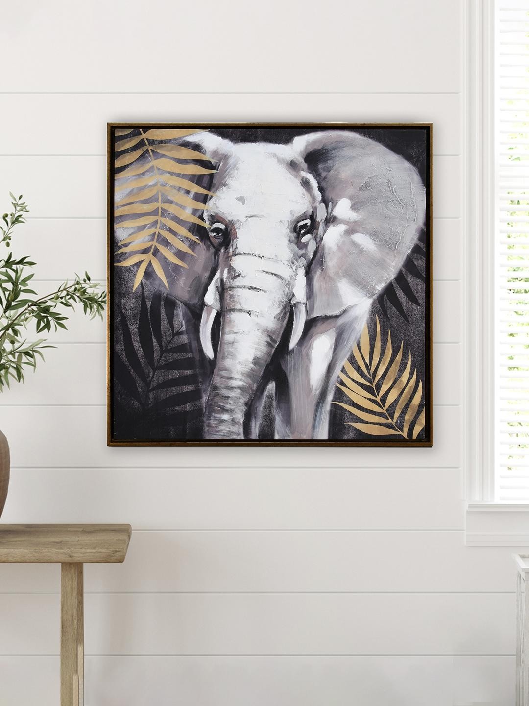 

Athome by Nilkamal Black & Gold-Toned Elephant Leaf Canvas Wall Painting