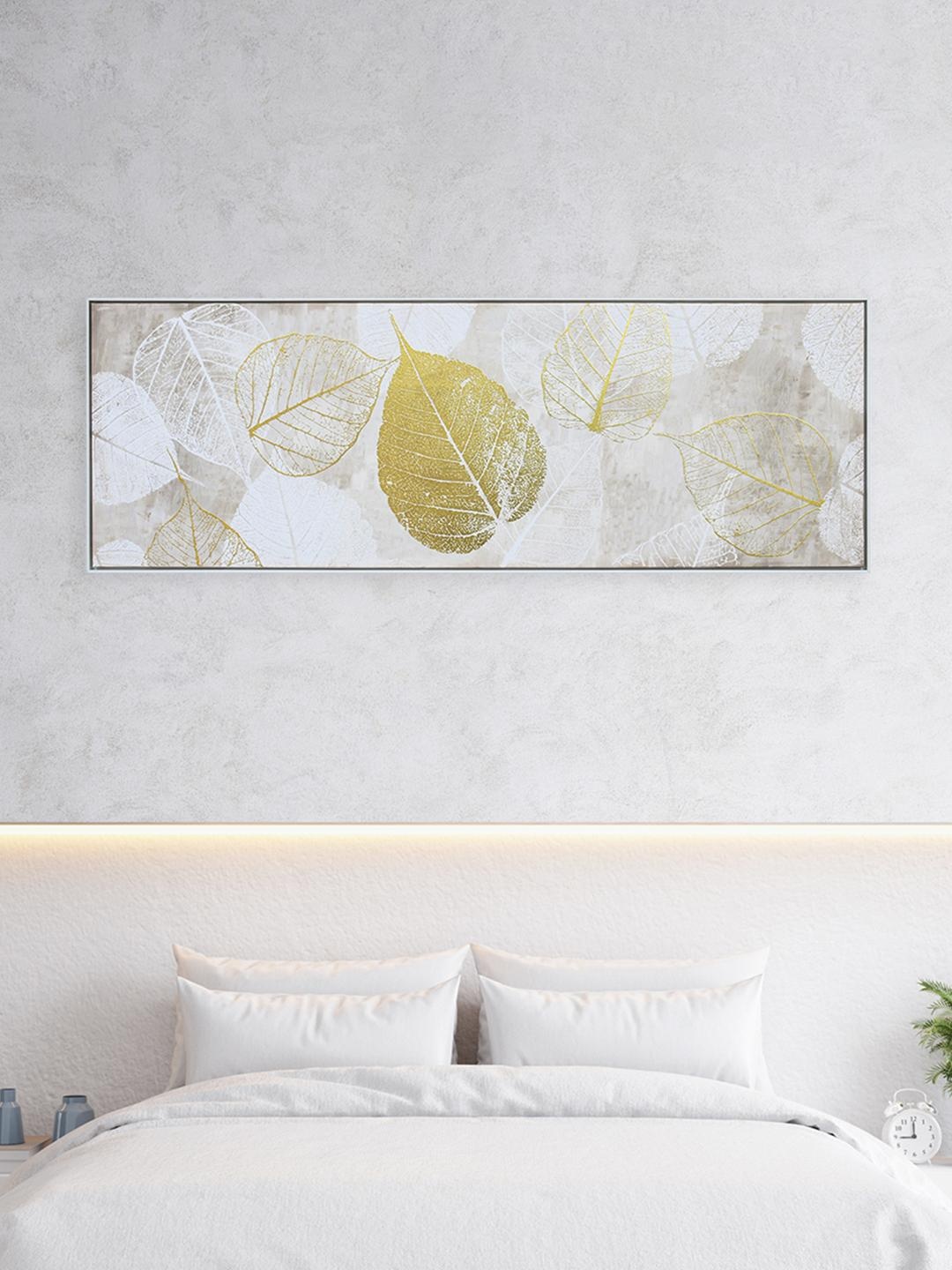 

Athome by Nilkamal White & Gold Toned Leafy Foilage Wall Paintings