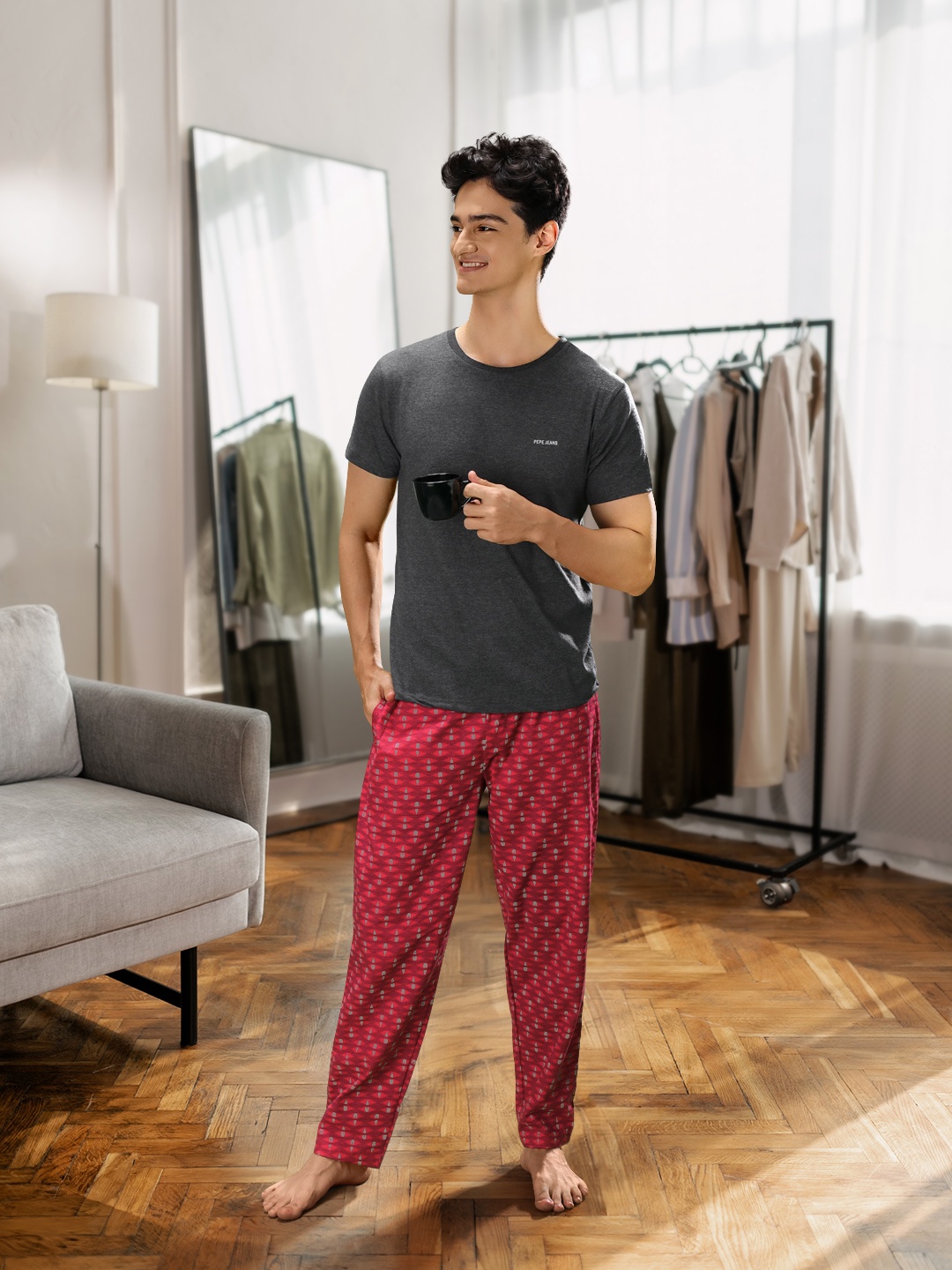 

Pepe Jeans Men Grey & Maroon Pure Cotton Night suit