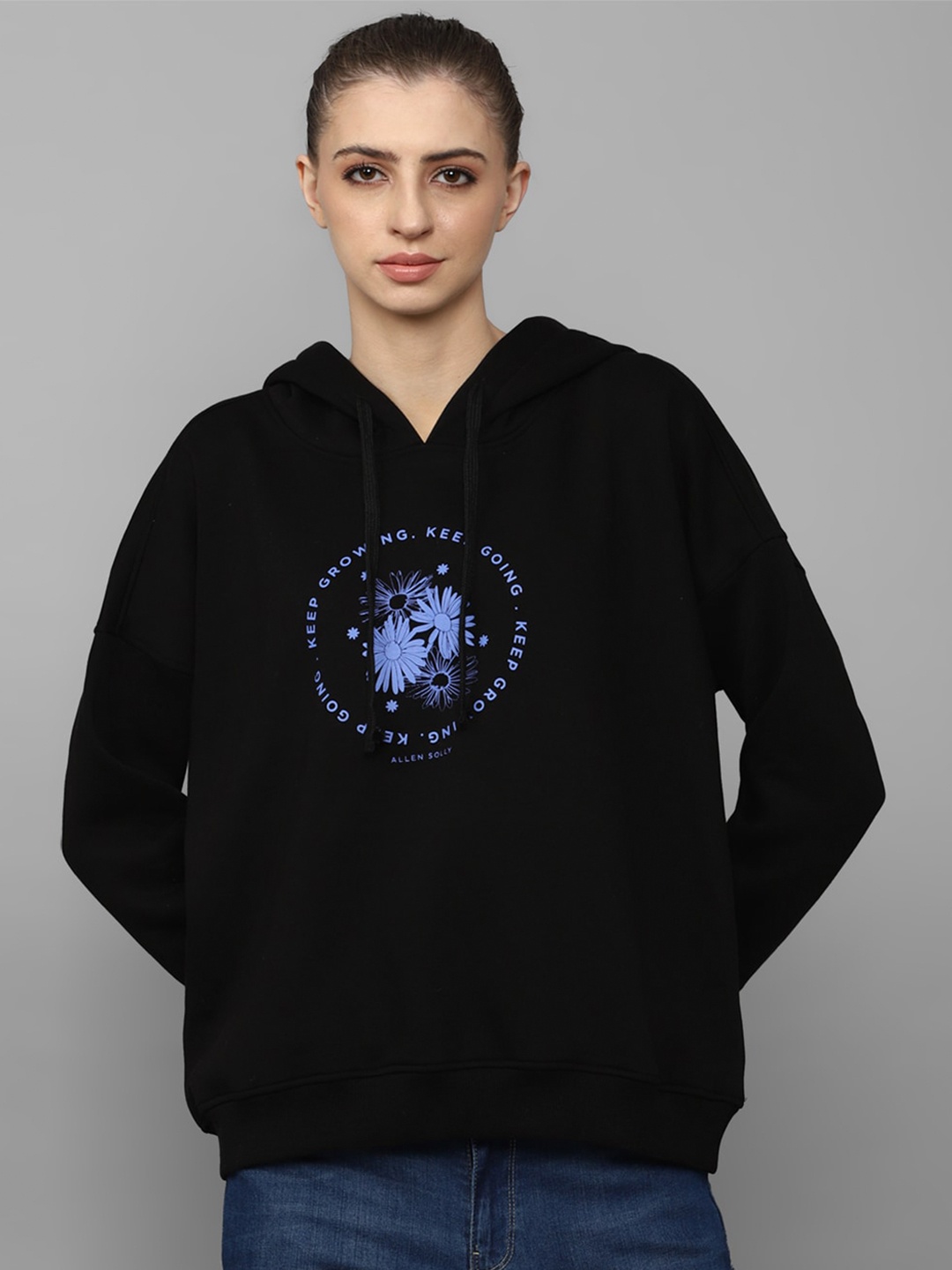 

Allen Solly Woman Printed Hooded Sweatshirt, Black