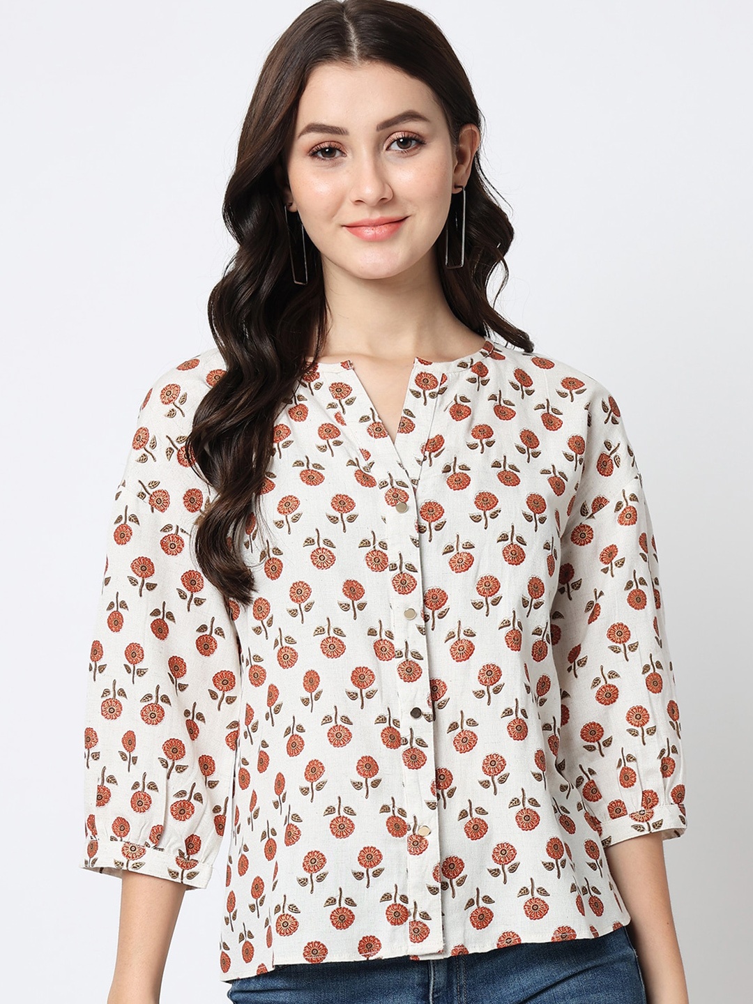 

CHARMGAL Cream-Coloured Floral Print Mandarin Collar Shirt Style Top