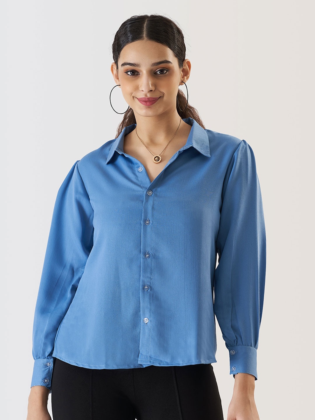 

Prettify Blue Cuffed Sleeve Shirt Style Top