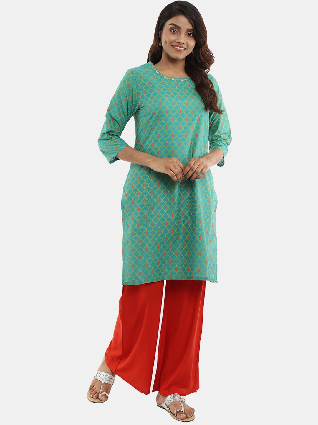 

V-Mart Women Teal Ethnic Motifs Printed Mirror Work Kurta