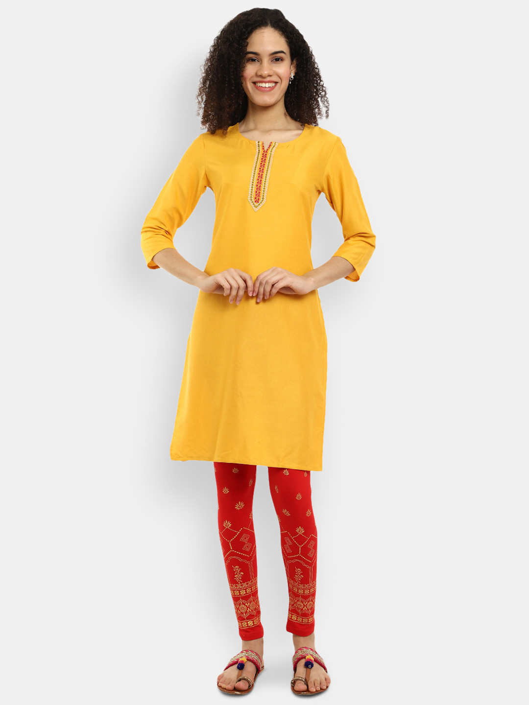 

V-Mart Women Mustard Yellow Yoke Thread Work Kurta