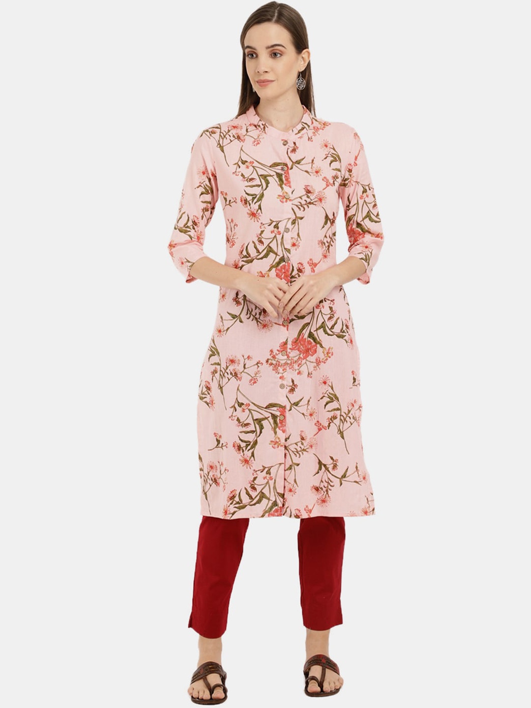 

V-Mart Floral Printed Mandarin Collar Kurta, Pink