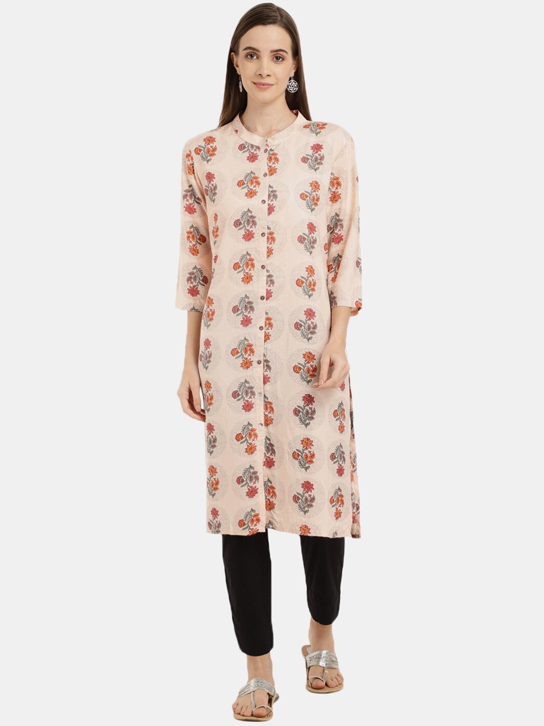 

V-Mart Floral Printed Mandarin Collar Kurta, Beige