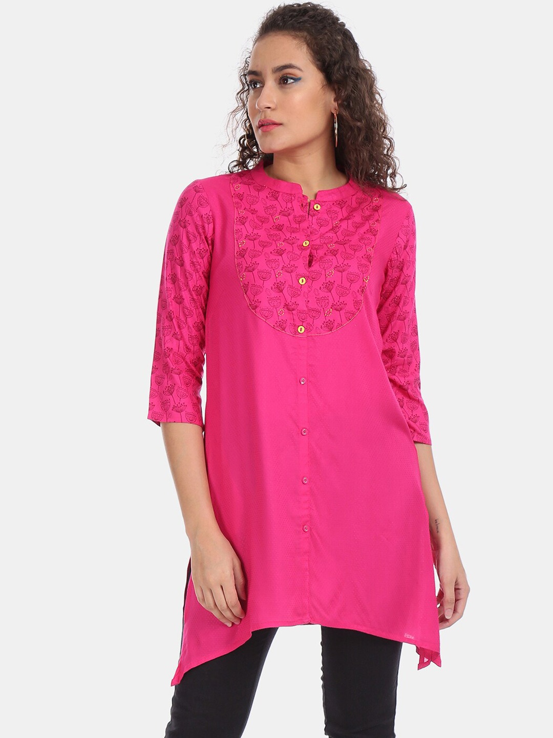 

V-Mart Pink Floral Yoke Design Mandarin Collar Kurti