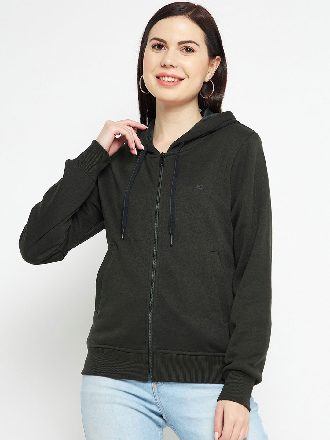 

Okane Women Olive Green Cotton Hooded Sweatshirt