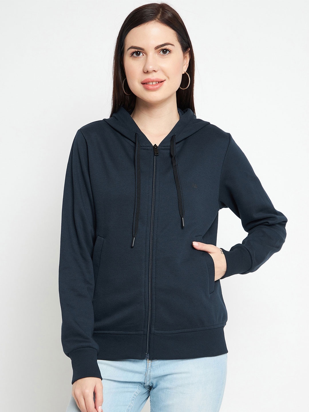 

Okane Women Navy Blue Cotton Hooded Sweatshirt