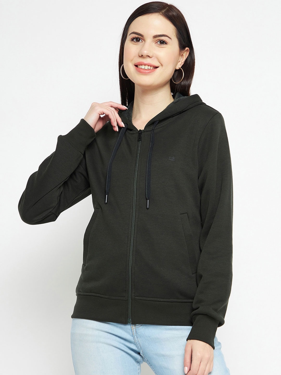 

Okane Women Olive Green Cotton Hooded Sweatshirt