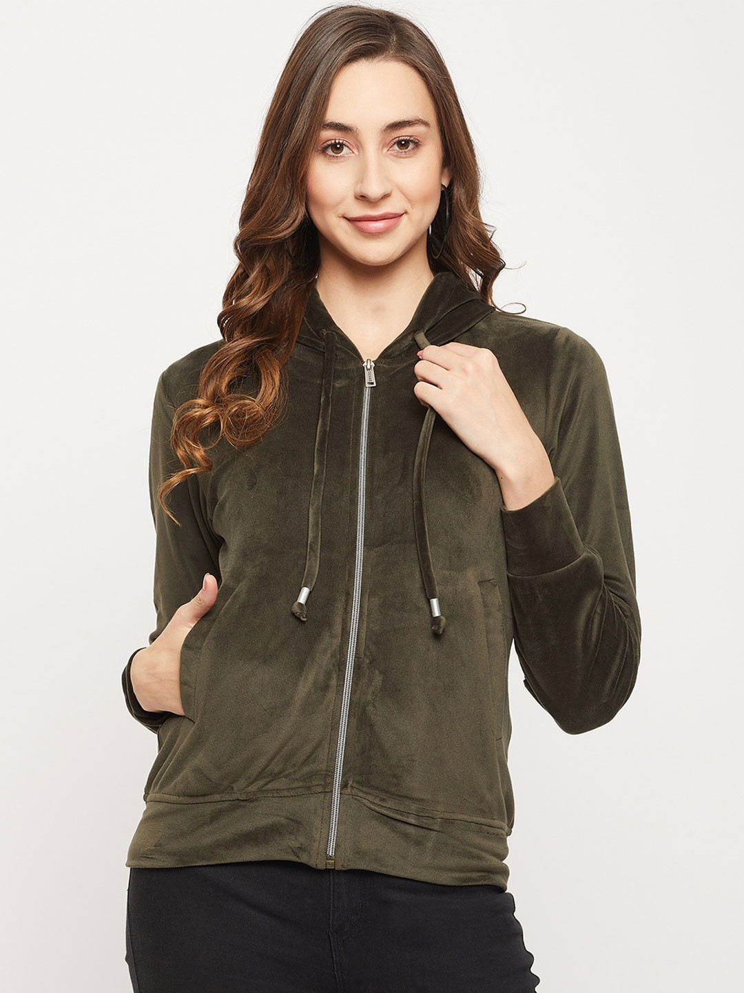 

Okane Women Olive Green Cotton Hooded Sweatshirt