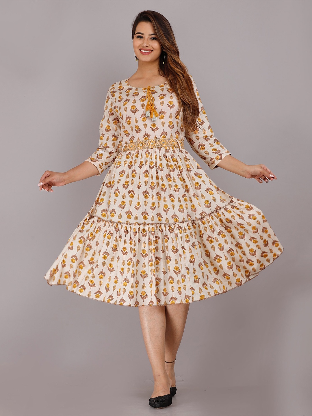 

KALINI Beige & Yellow Floral Midi Dress