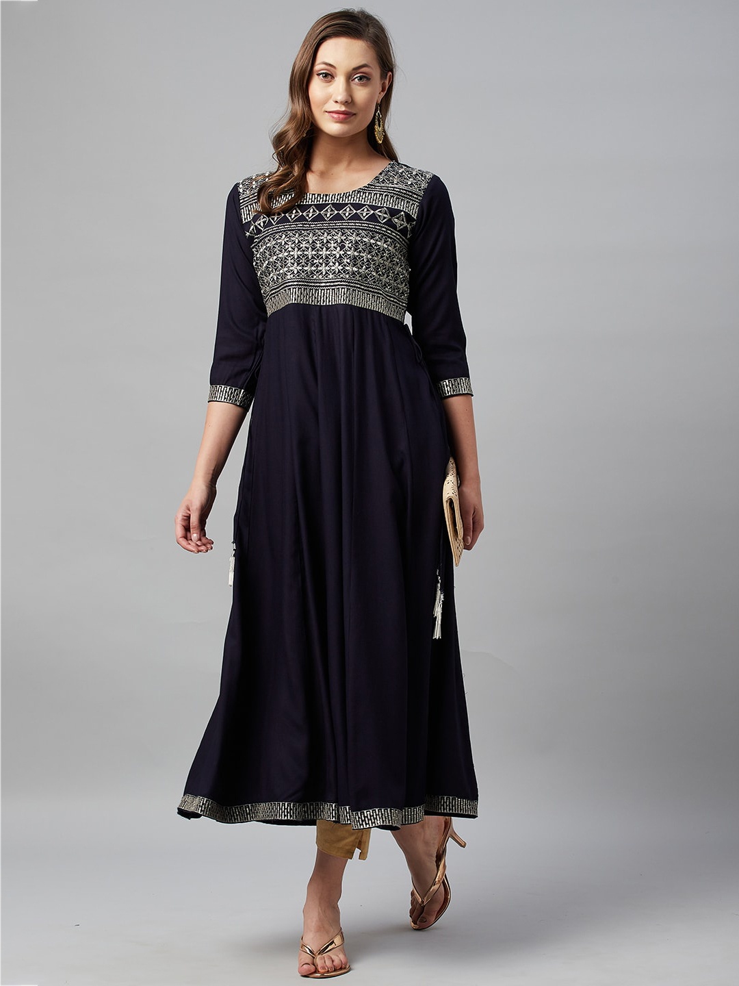

KALINI Navy Blue Ethnic Motifs Embroidered Formal Maxi Dress