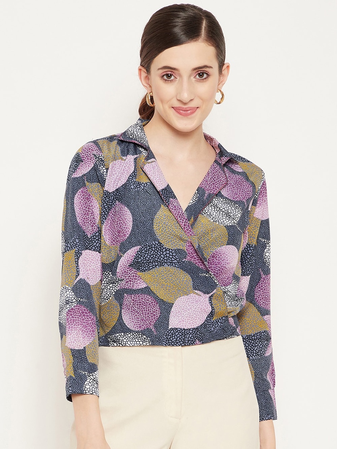 

Bitterlime Navy Blue Floral Print Crepe Wrap Top