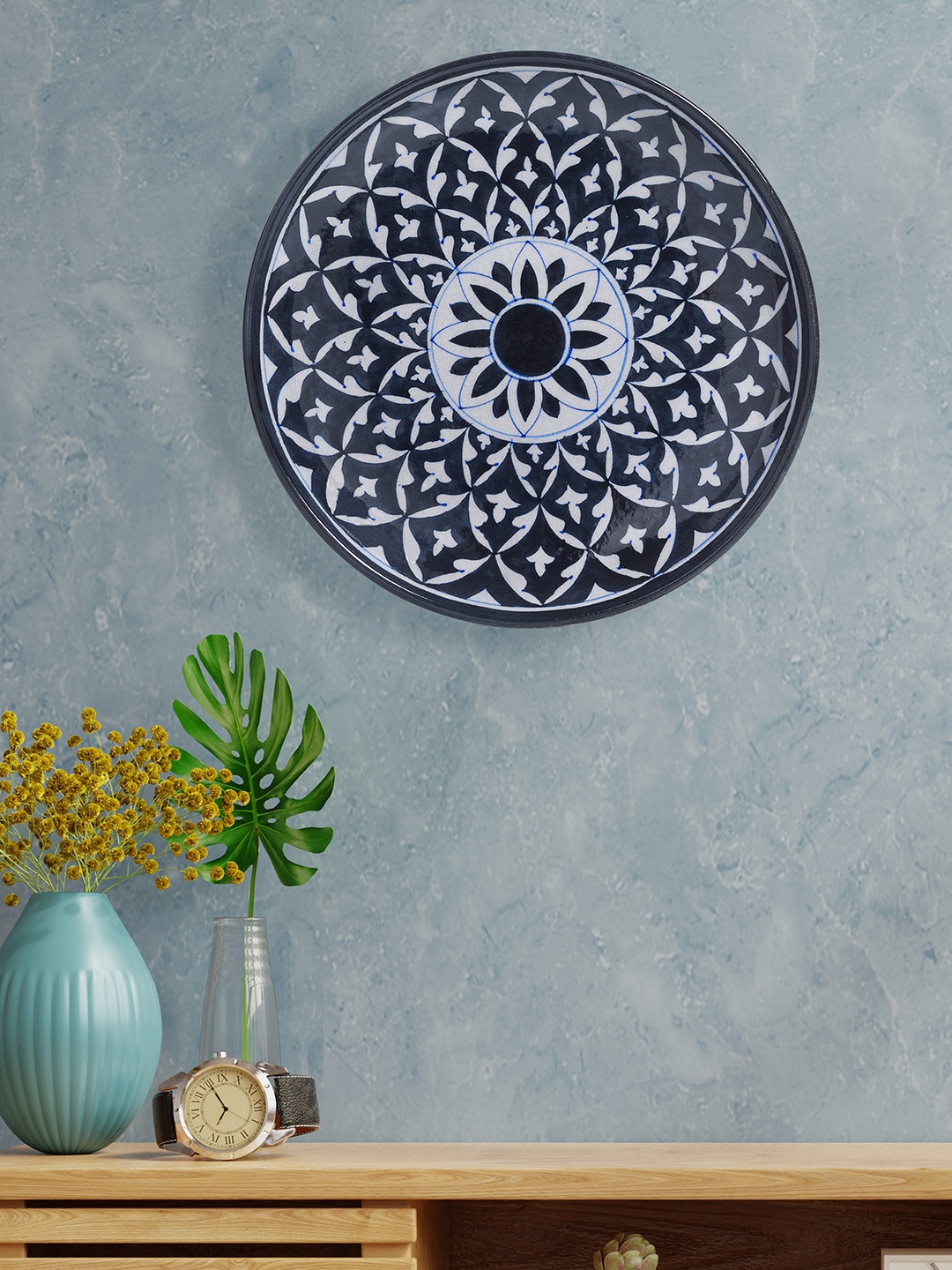 

Golden Peacock Navy Blue & White Handpainted Pottery Geometric Wall Plate