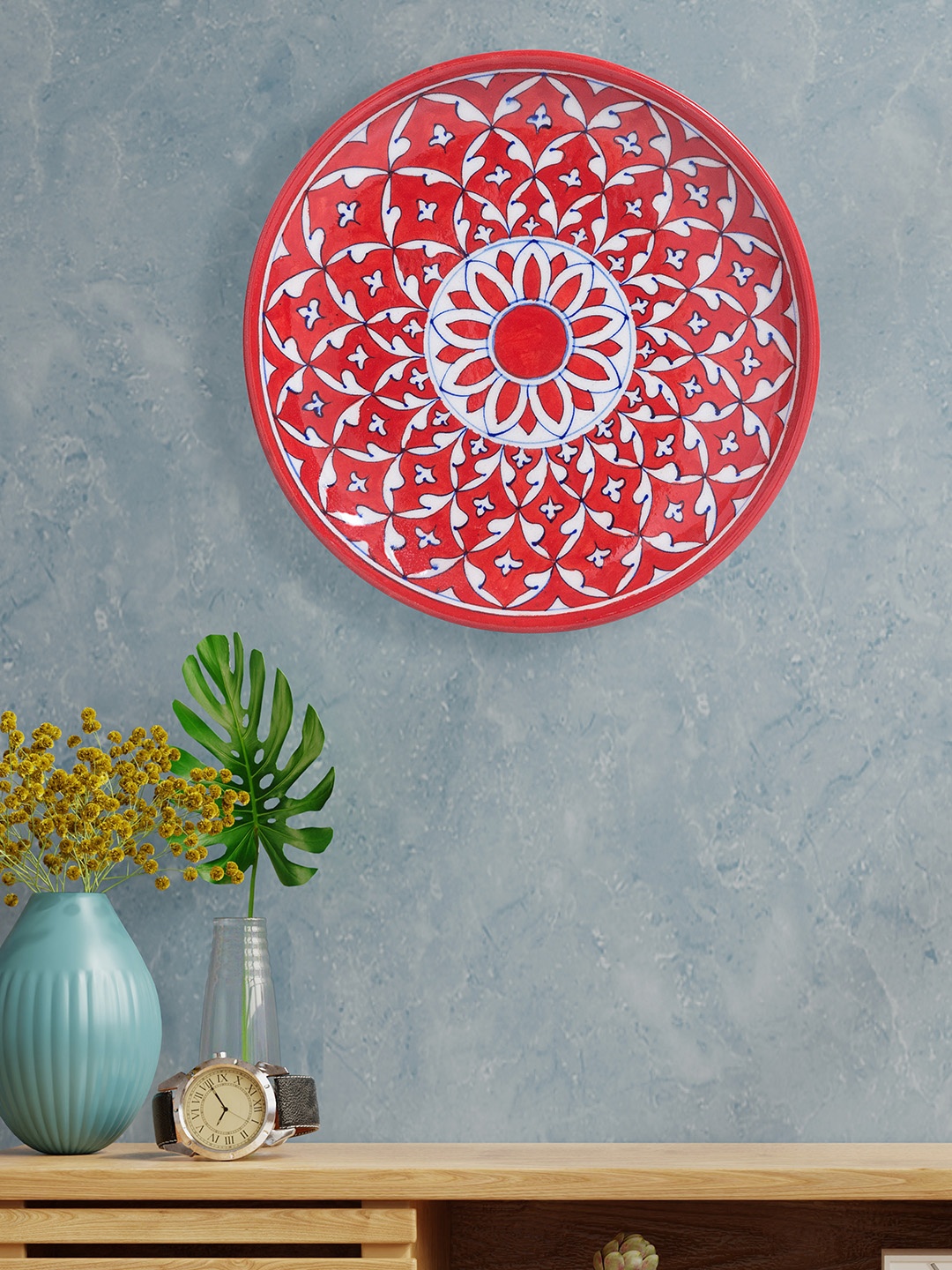 

Golden Peacock Red & White Handpainted Pottery Floral Design Wall Plate