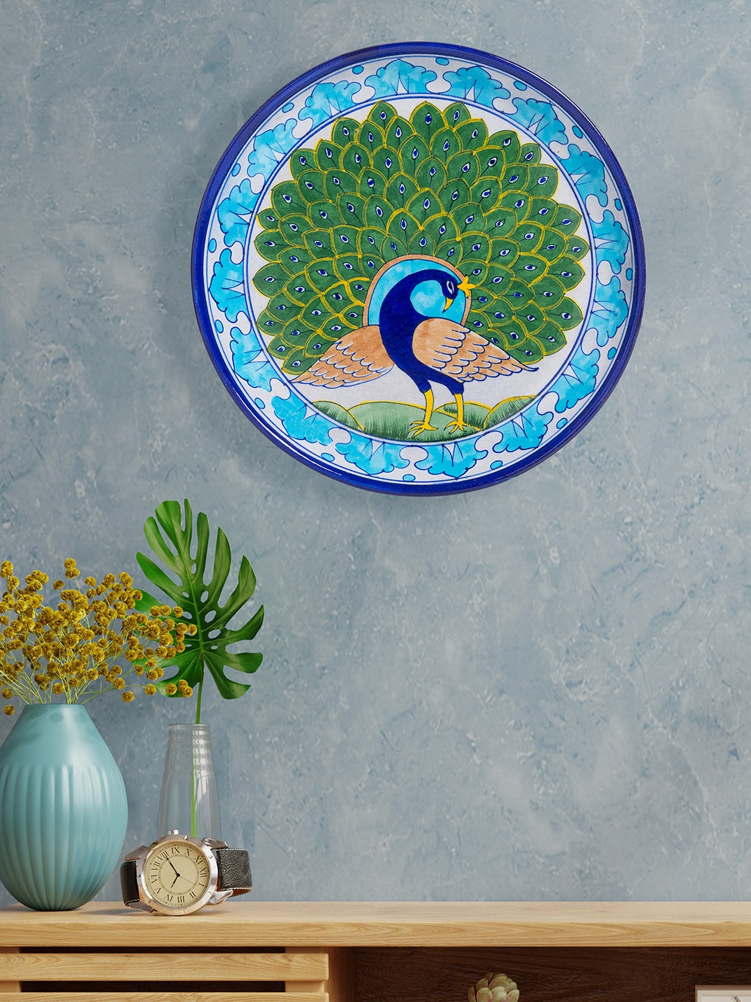 

Golden Peacock Green and Blue Pottery Peacock Design Wall Plate