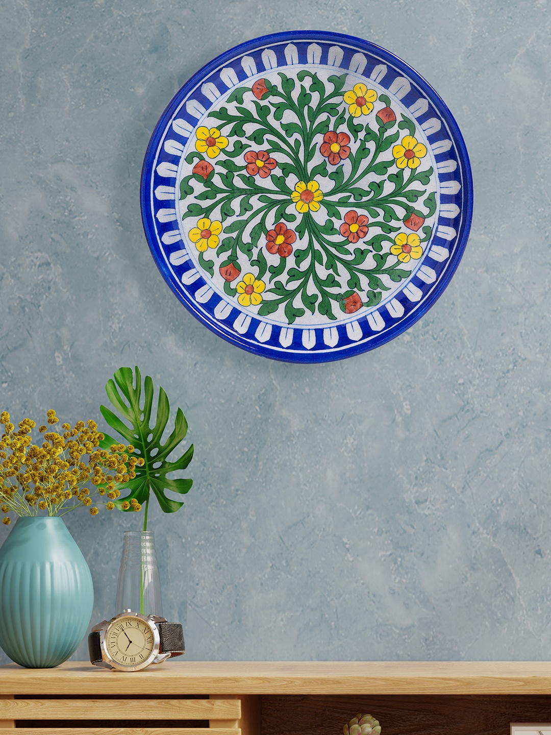 Golden Peacock Blue & Green Pottery Floral Design Decorative Wall Plate