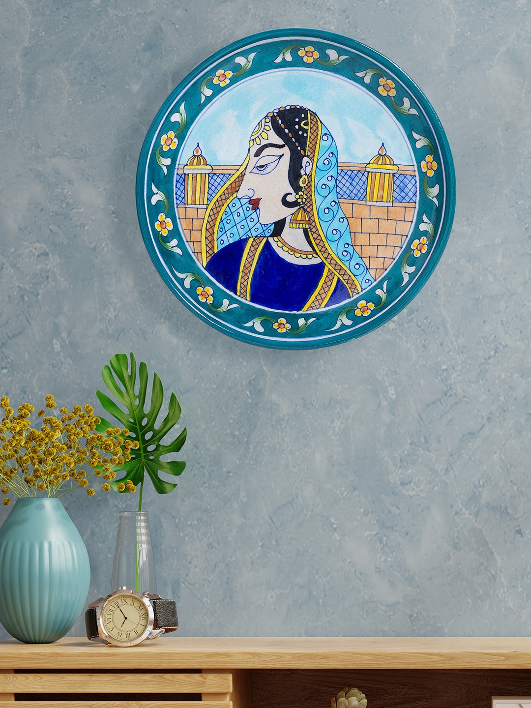 

Golden Peacock Blue & Yellow Handpainted Pottery Queen Design Wall Plate