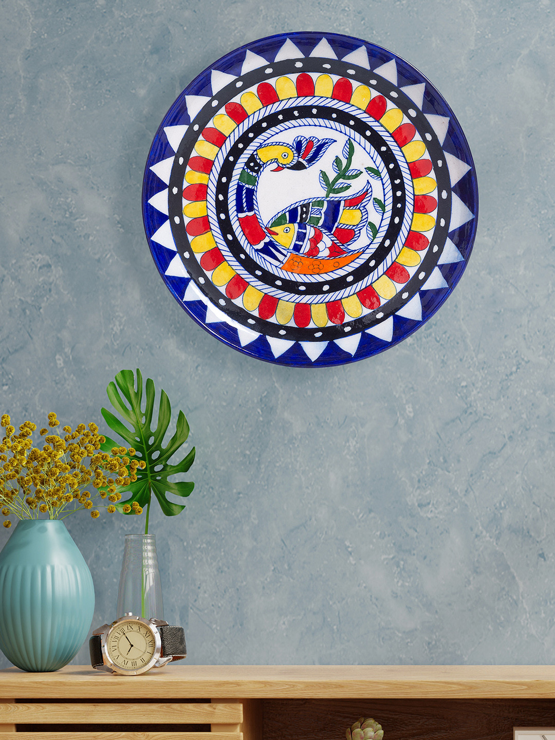 

Golden Peacock Blue & Red Pottery Decorative Wall Plate