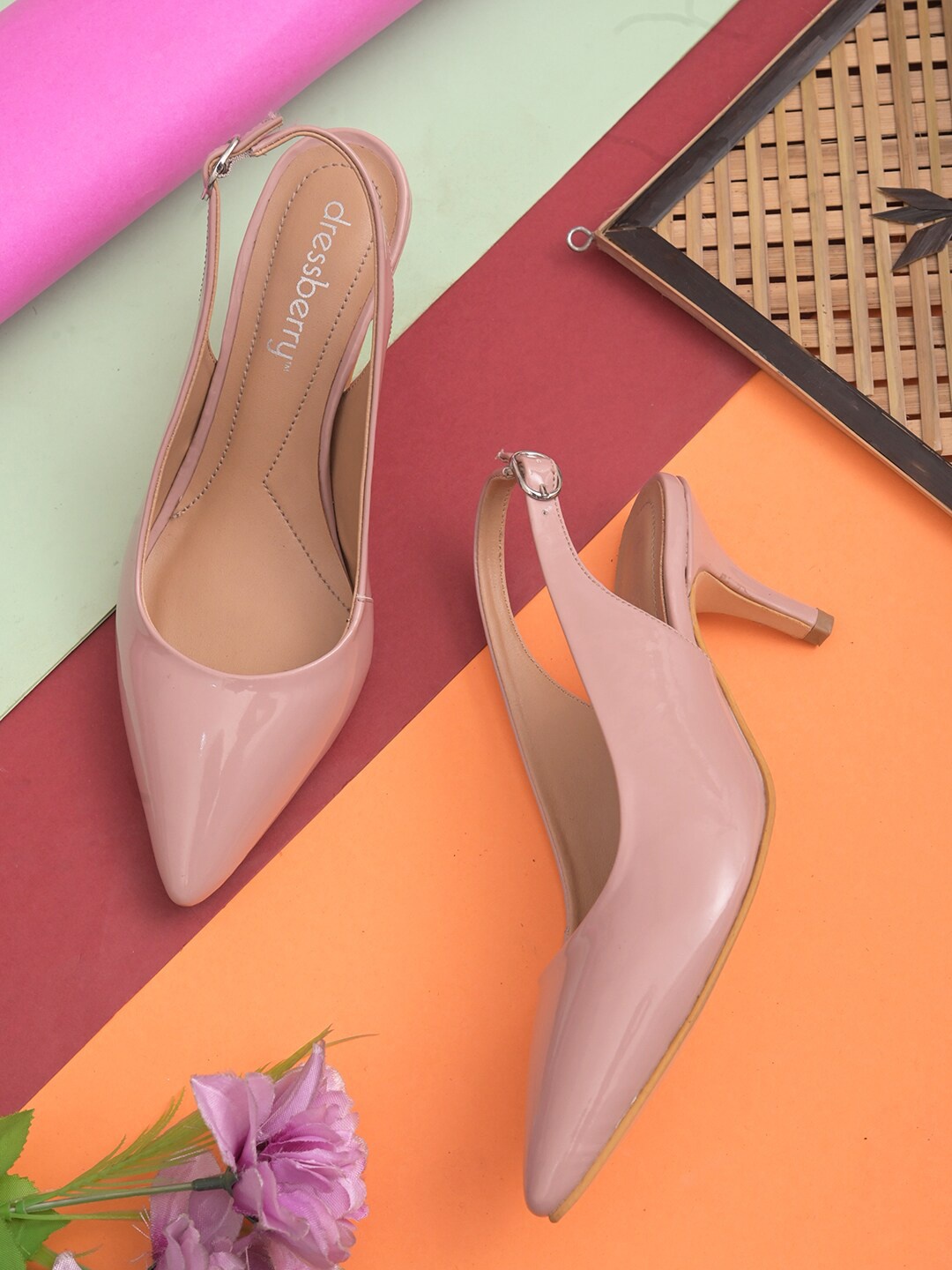 

DressBerry Peach-Coloured Printed PU Kitten Pumps