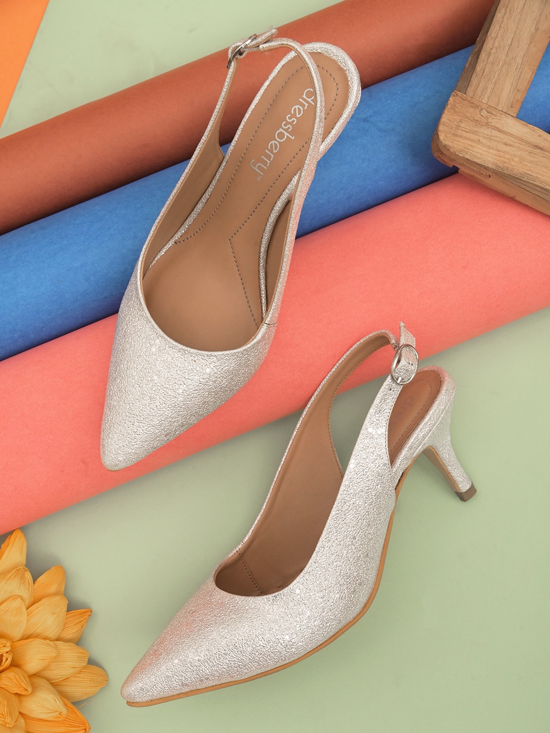 

DressBerry Silver-Toned Embellished Kitten Pump Heels