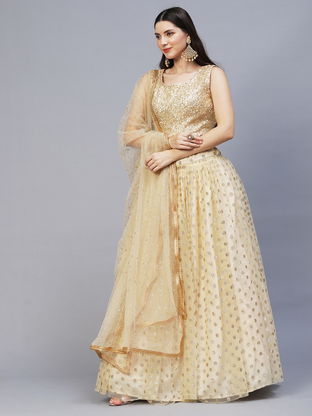 

RedRound Beige & Gold-Toned Embellished Thread Work Semi-Stitched Lehenga & Unstitched Blouse With Dupatta