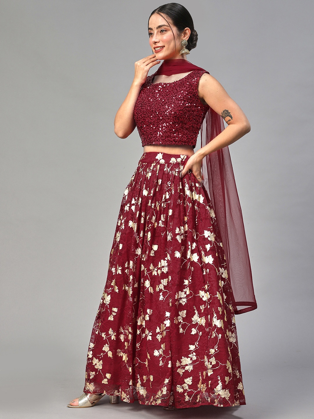 

RedRound Maroon & Gold-Toned Embellished Sequinned Semi-Stitched Lehenga & Unstitched Blouse With Dupatta