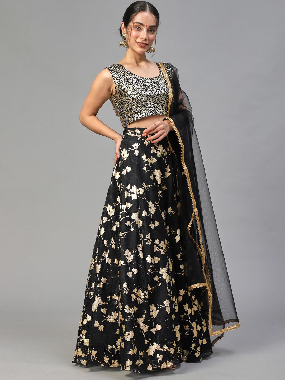 

RedRound Black & Gold-Toned Embellished Sequinned Semi-Stitched Lehenga & Unstitched Blouse With Dupatta