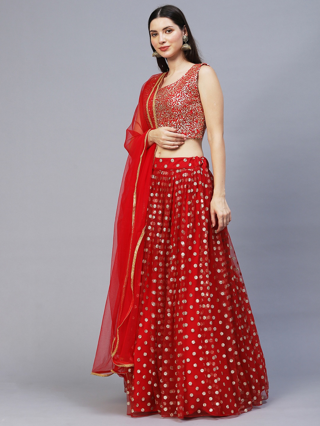 

RedRound Red & Gold-Toned Embellished Sequinned Semi-Stitched Lehenga & Unstitched Blouse With Dupatta