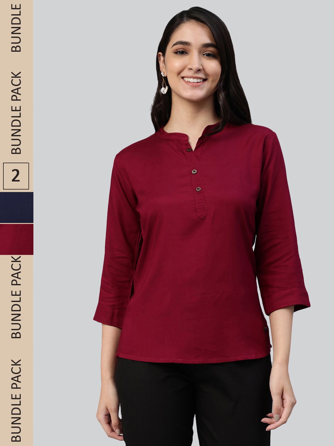 

LYRA Maroon & Navy Blue Pack Of 2 Mandarin Collar Top