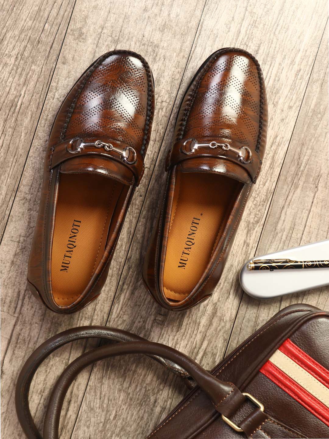 

MUTAQINOTI Men Brown Leather Loafers