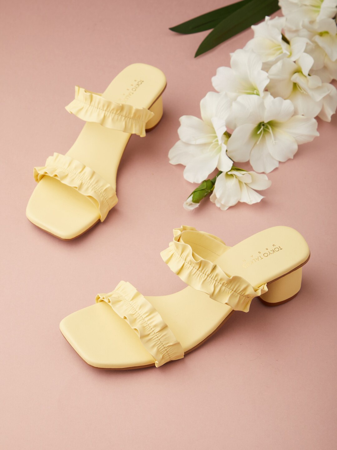 

Tokyo Talkies Yellow Embellished Open Toe Block Heels