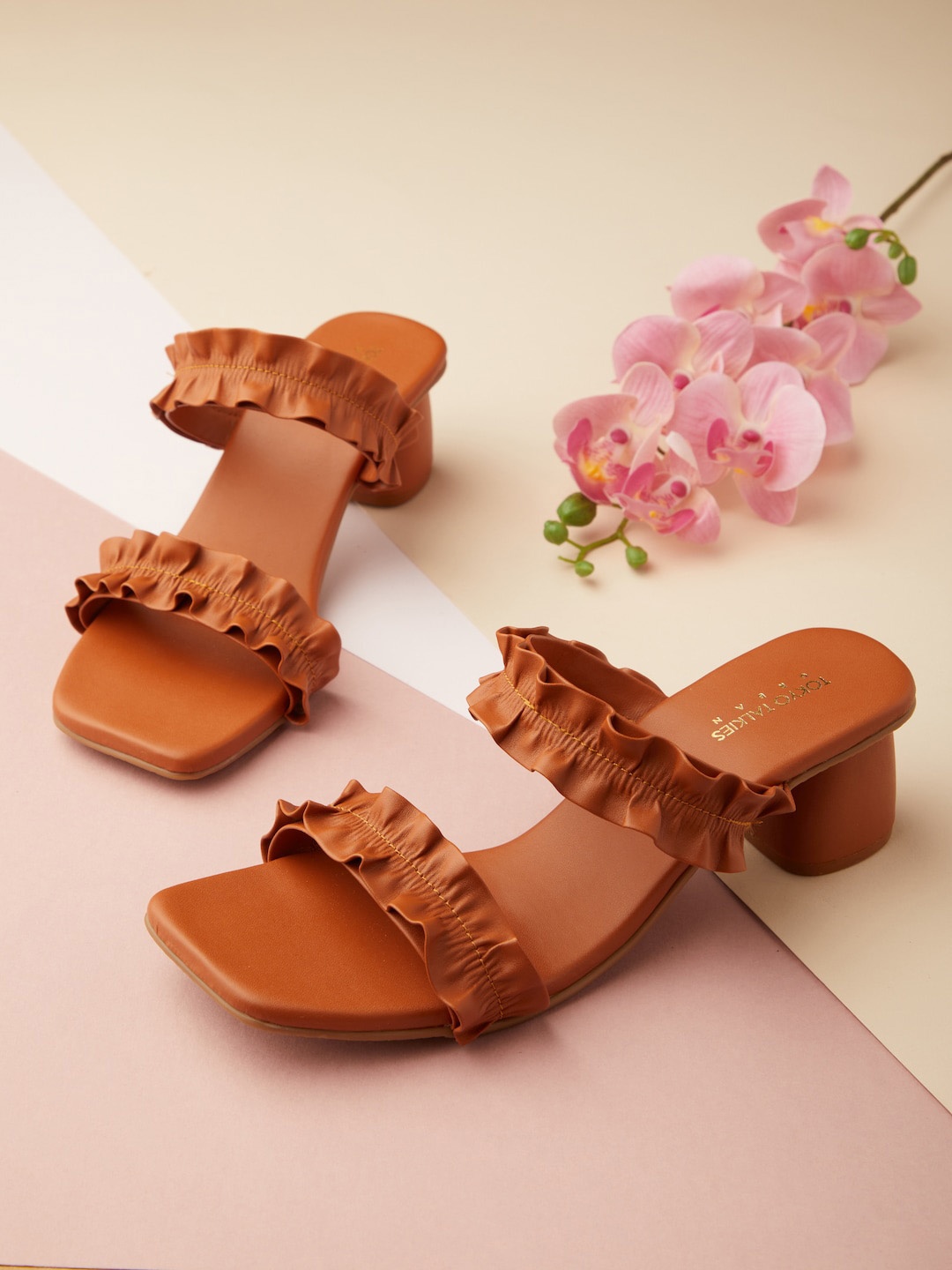 

Tokyo Talkies Brown Embellished Open Toe Block Heels