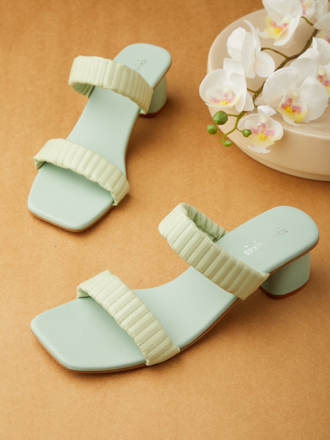 

Tokyo Talkies Sea Green Striped Open Toe Block Heels