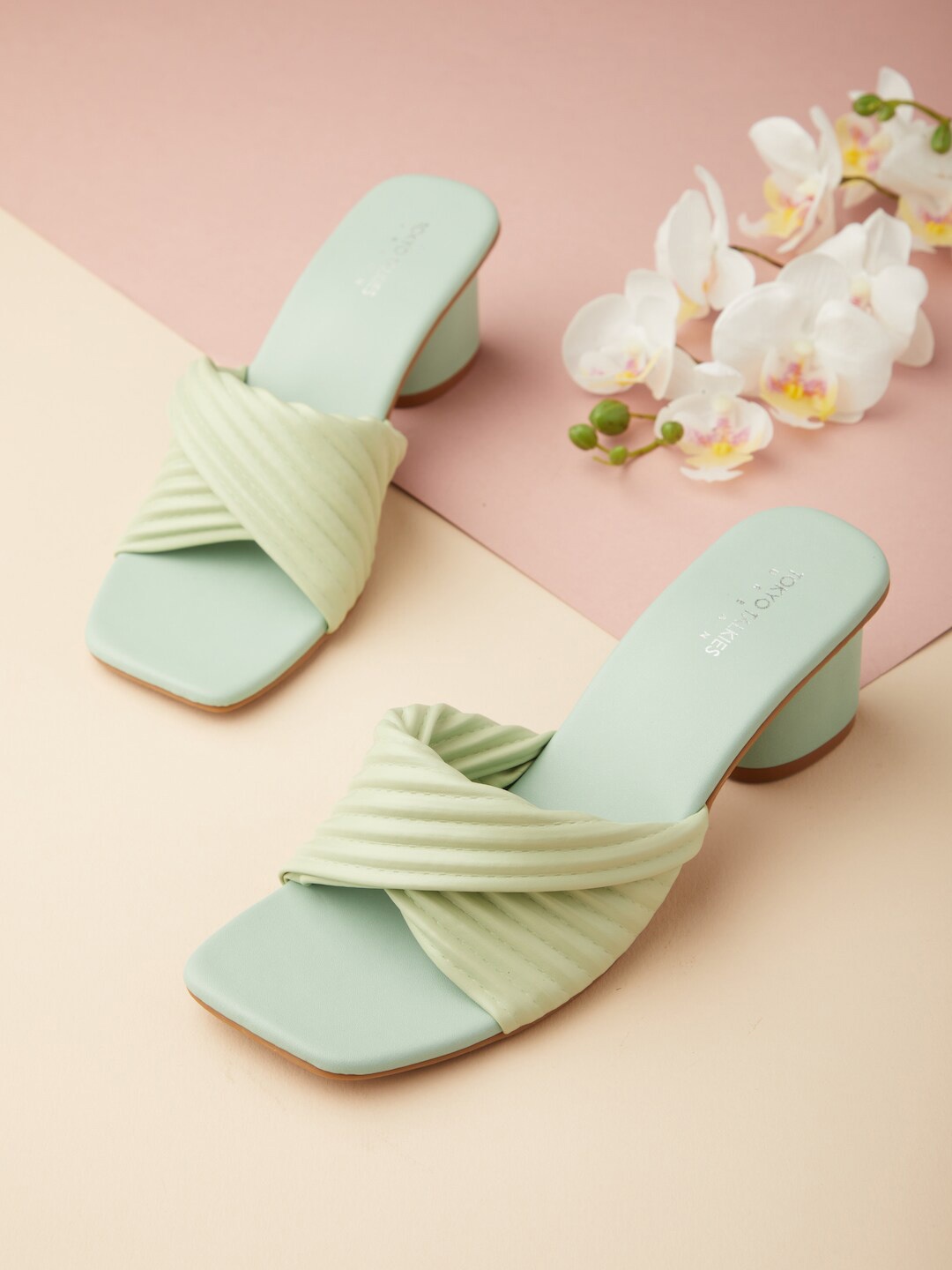 

Tokyo Talkies Sea Green Striped Open Toe Block Heels