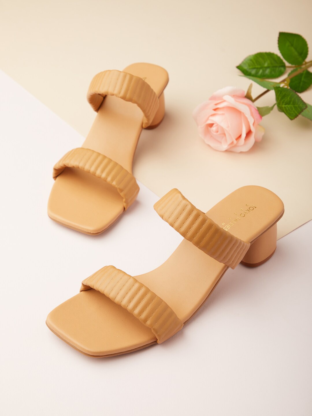 

Tokyo Talkies Beige Striped Open Toe Block Heels