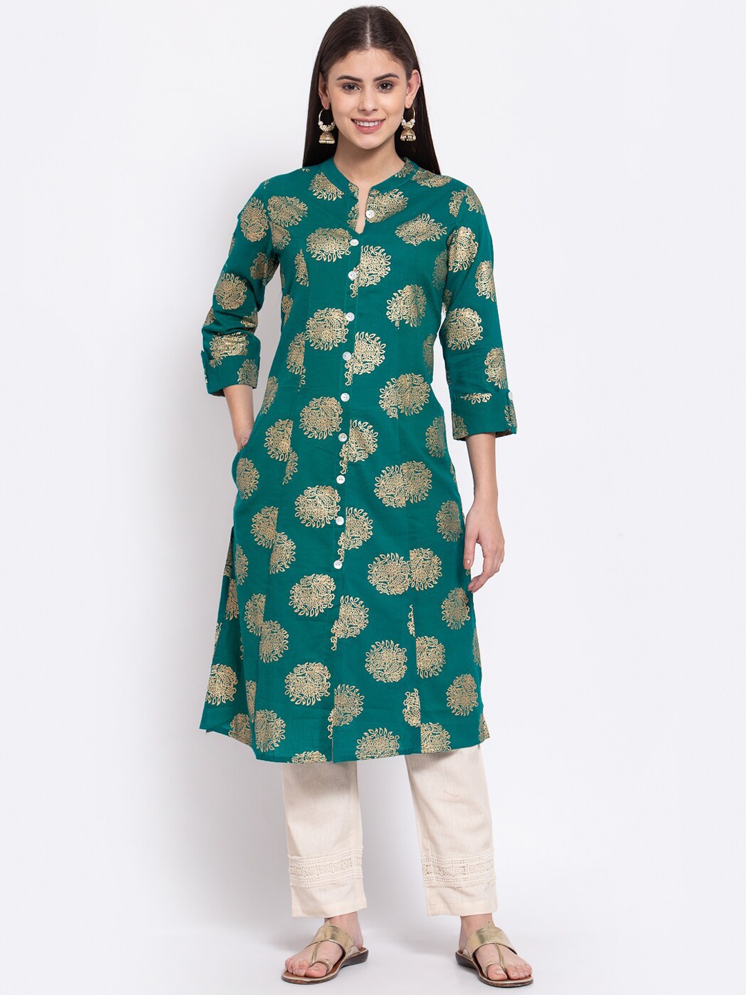 

Saart Bunaai Ethnic Motifs Printed Cotton Kurta, Green