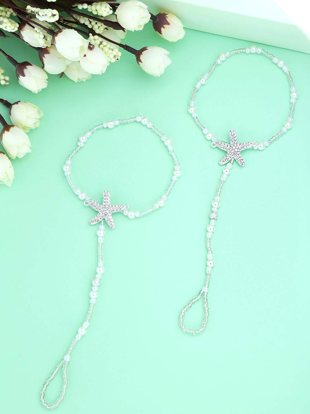 

Yellow Chimes Crystal Studded Star Fish Charm Silver Toned Anklets