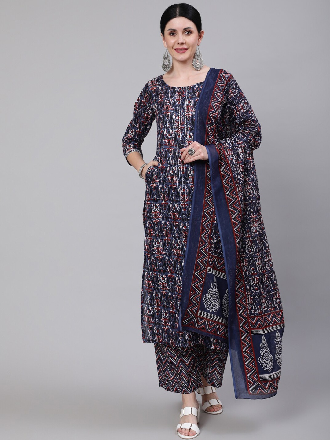 

Nayo Women Navy Blue Floral Printed Pure Cotton Kurta with Palazzos & With Dupatta