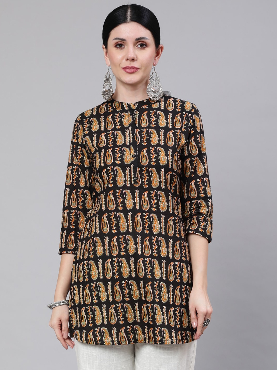 

Nayo Black & Orange Mandarin Collar Printed Cotton Tunic