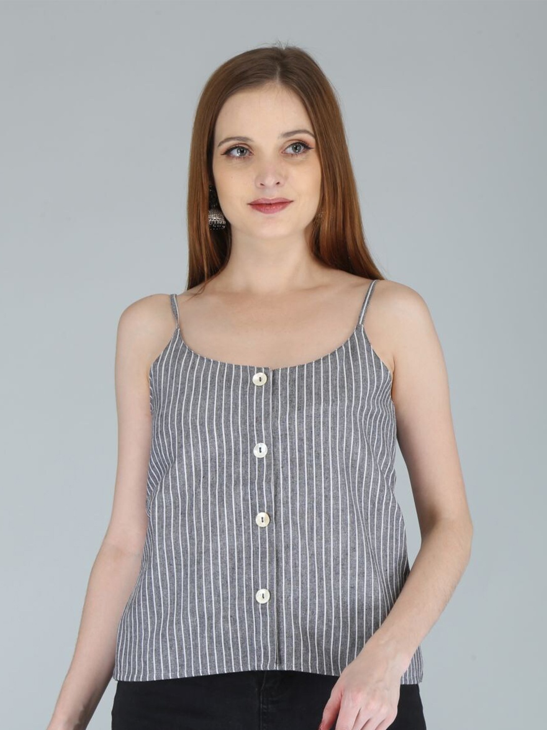 

IRIDAA JAIPUR Grey & White Striped Cotton Linen Top