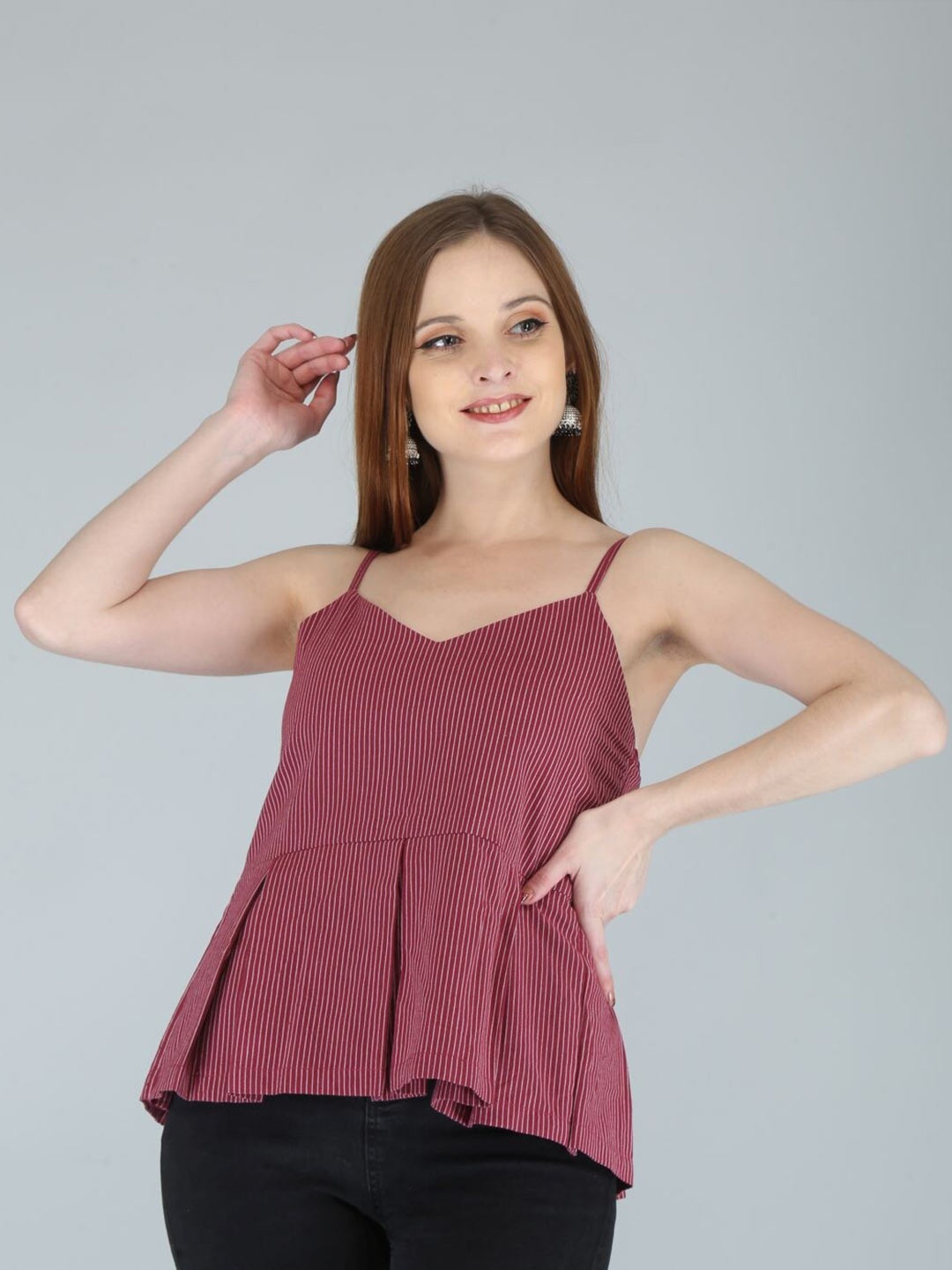 

IRIDAA JAIPUR Pure Cotton Striped Cotton Linen Top, Maroon